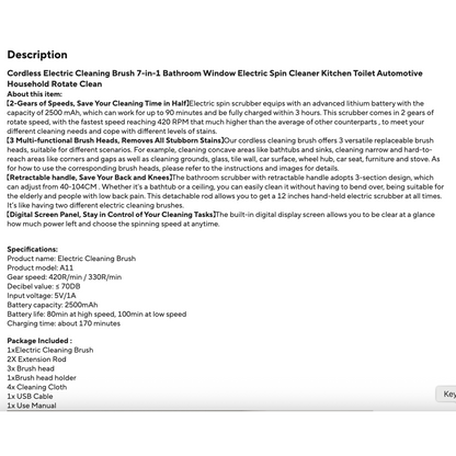 Cleanora SpinBrush™ – Electric Spin Scrubber with Extendable Handle (7-in-1)